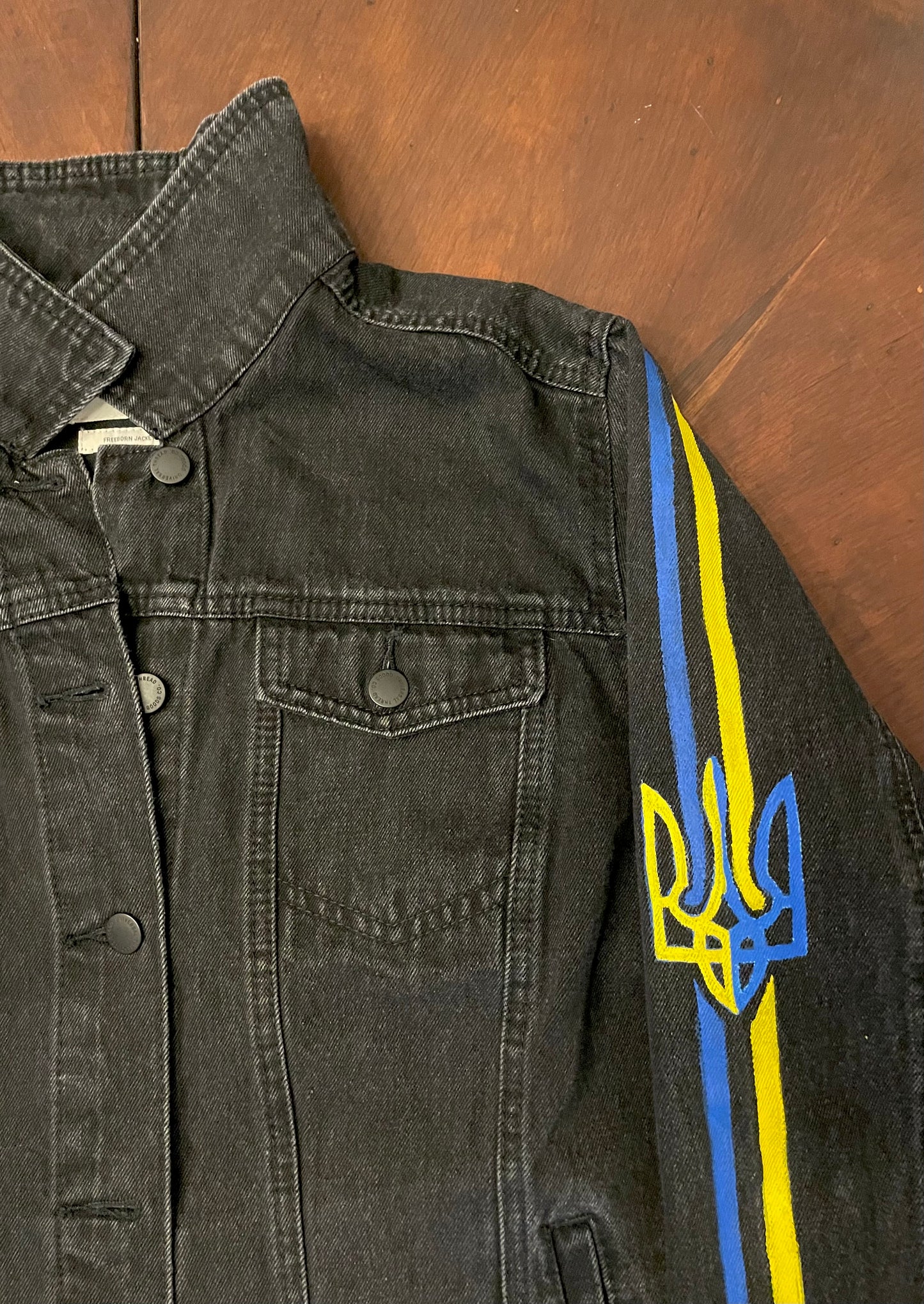 UKRAINE Black Denim Jacket with Country Color Sleeve Stripes