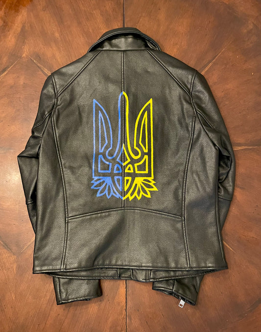 UKRAINE Hand-Painted Faux-Leather Jacket with Flag