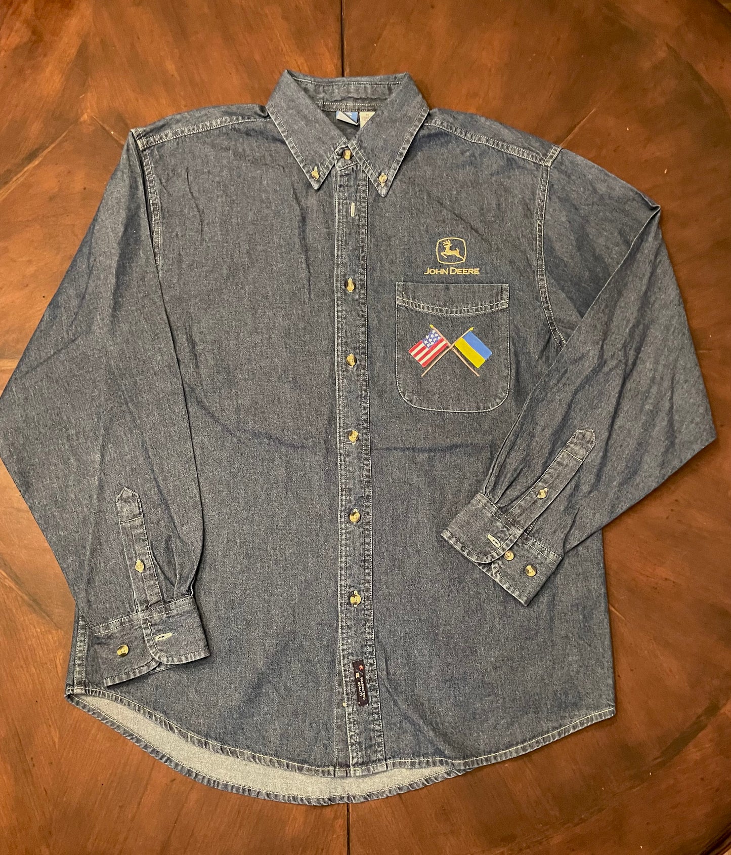 UKRAINE & US Hand-Painted Flags on Denim John Deere Shirt