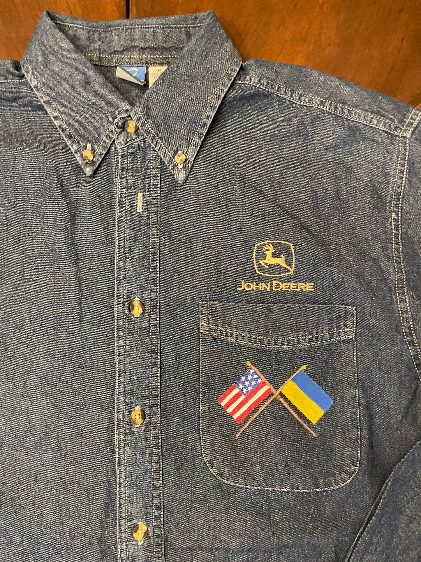 UKRAINE & US Hand-Painted Flags on Denim John Deere Shirt