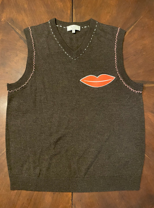 Turnberry Brown Vest with Pink Stitching and Lips Appliqué