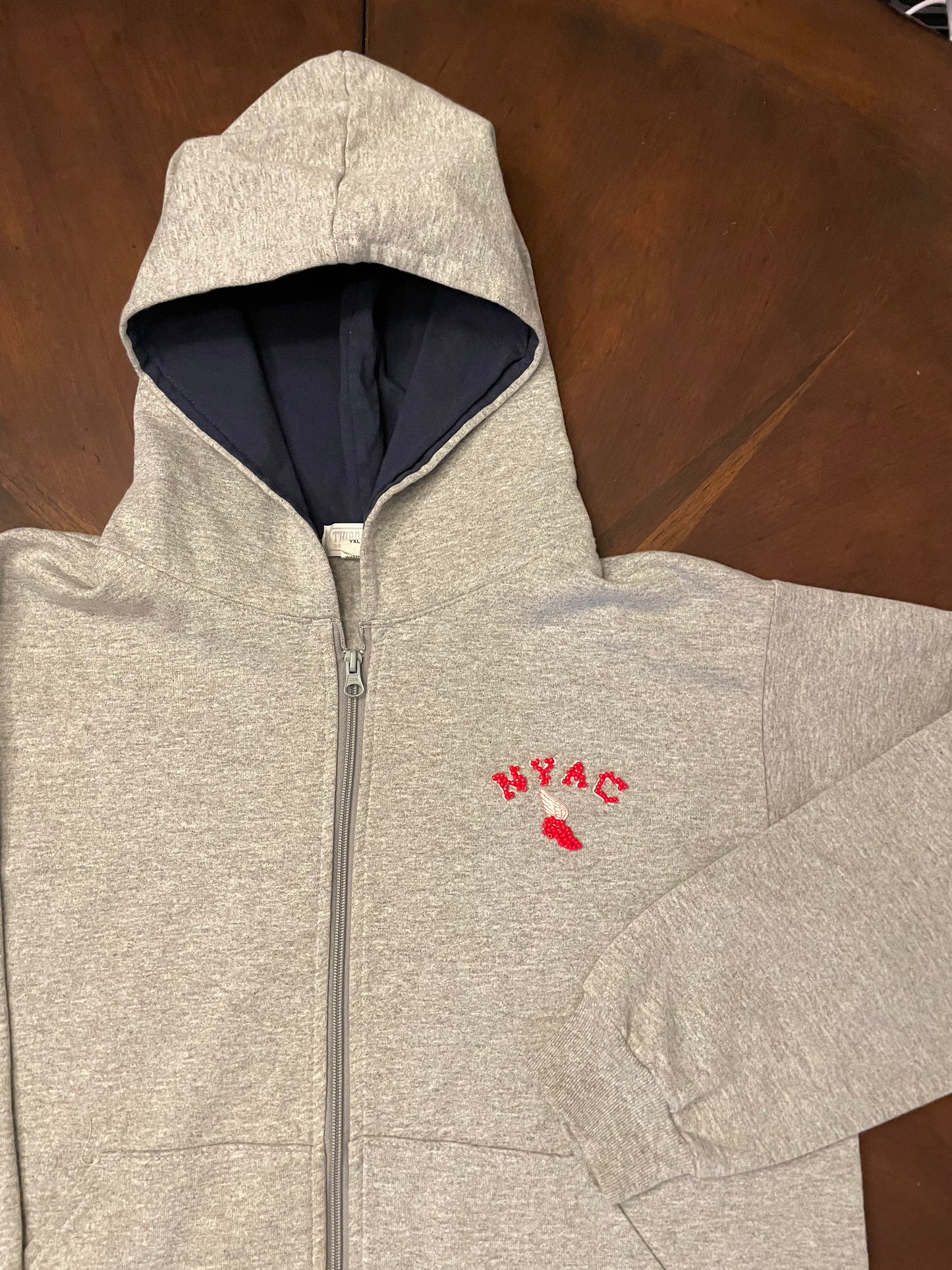 NYAC Grey Zip-Front Hoodie with Hand-Beaded Trim