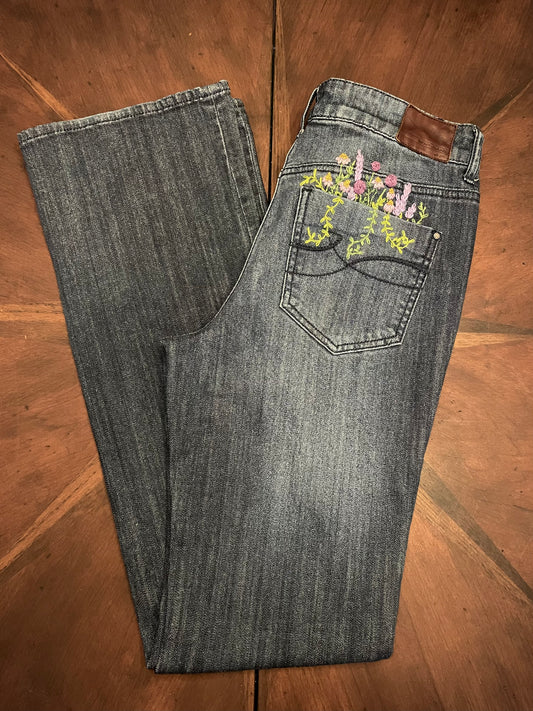 DKNY Floral Hand-Embroidered Bootcut Blue Jeans
