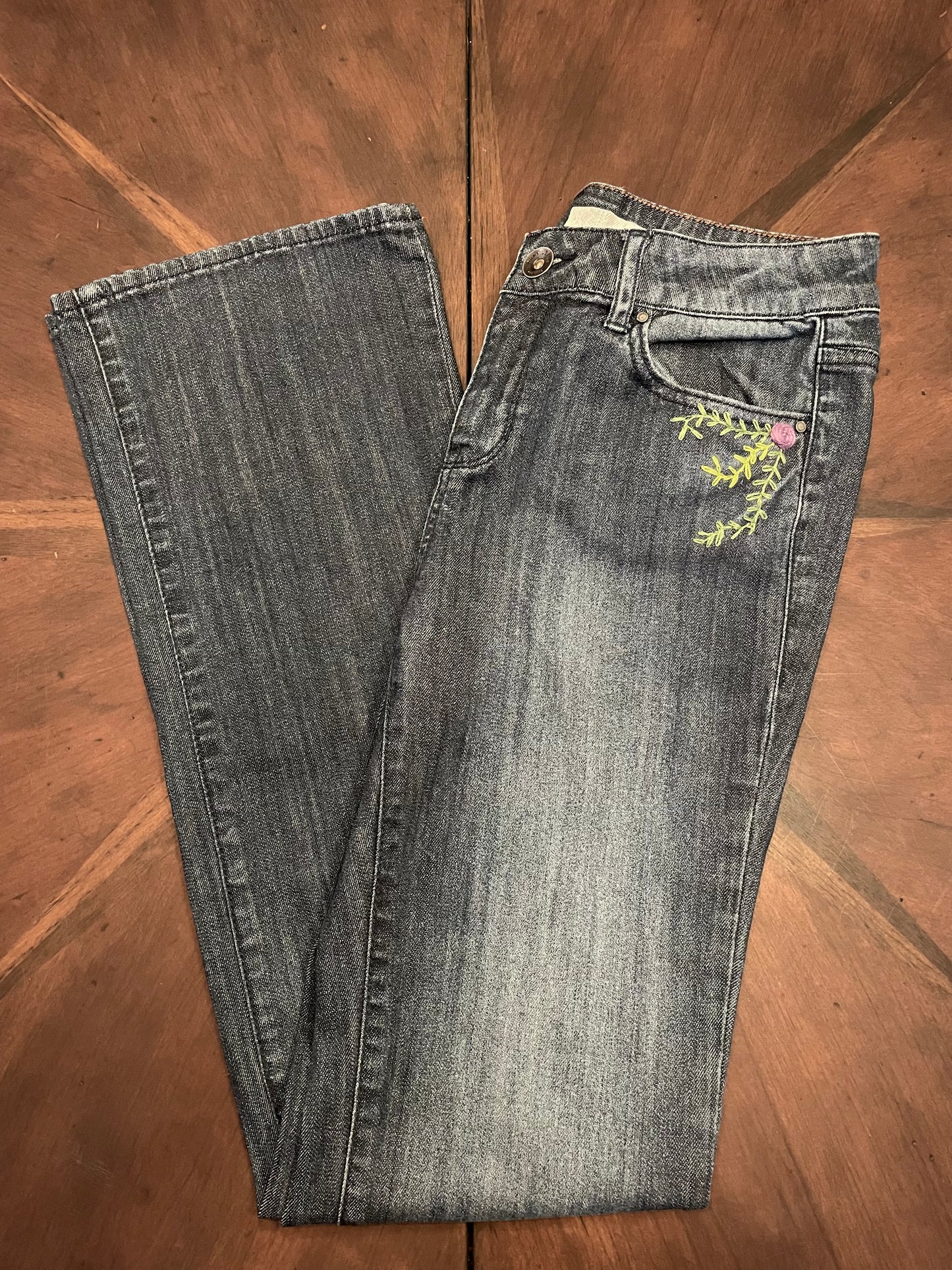 DKNY Floral Hand-Embroidered Bootcut Blue Jeans