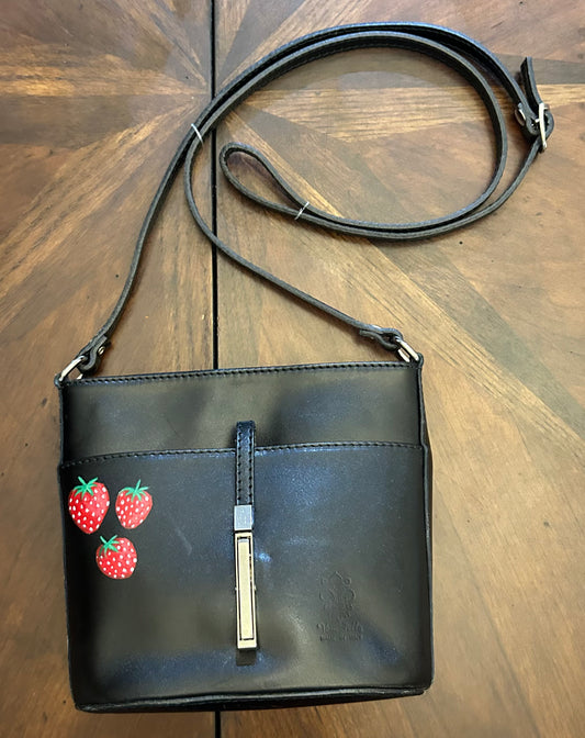 Vera Pelle Small Bucket Bag with Hand-Painted Strawberry Art