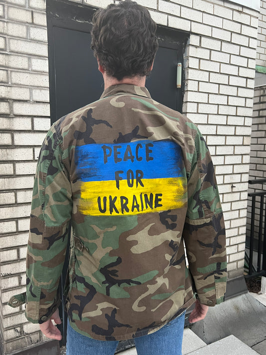 PEACE FOR UKRAINE artwork Hand-Painted on Camo Military Jacket